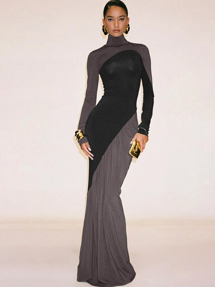 Contrast Patchwork Turtleneck Long Sleeve Dress VestiVogue Coffee S