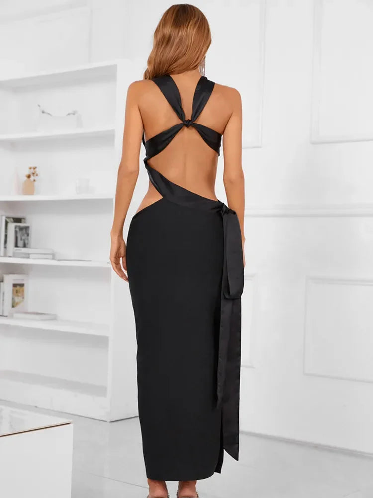 Black Halter Cut Out Bodycon Dress VestiVogue