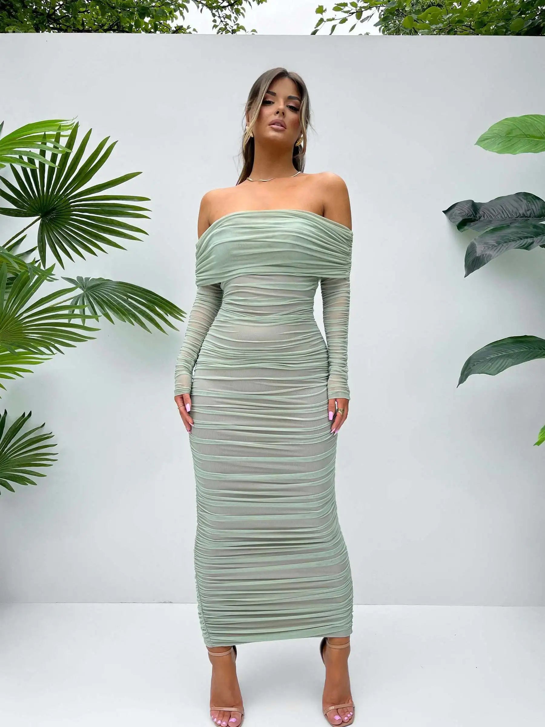 Elegant One Shoulder Mesh Long Sleeve Bodycon Evening Dress VestiVogue Light Green M