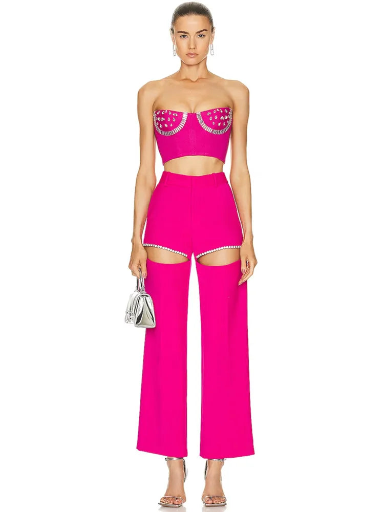 Pink Beaded Two-Piece Set VestiVogue Rose Red S