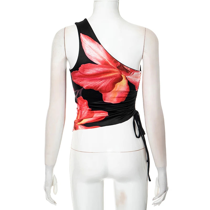 Floral Print Sleeveless Slant Shoulder Tank Top with Drawstring Detail VestiVogue