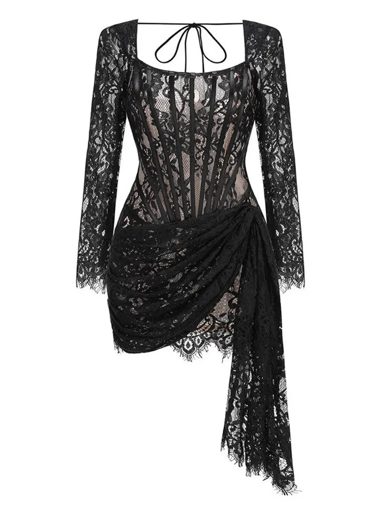 Elegant U Neck Black Lace Mini Bodycon Gown VestiVogue