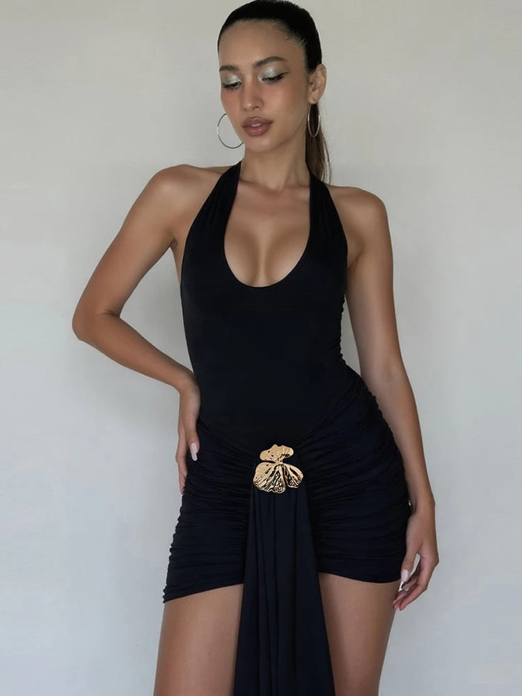 Backless Halter Mini Dress with Solid Shirring Design VestiVogue black L