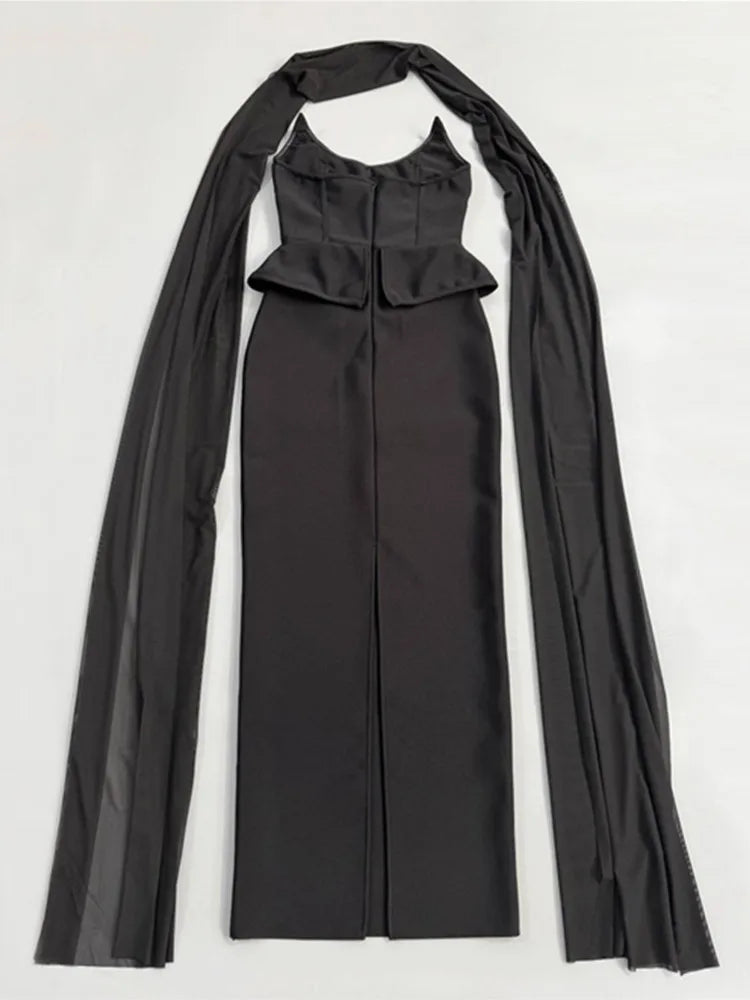 Elegant Black Beaded Bodycon Maxi Dress VestiVogue