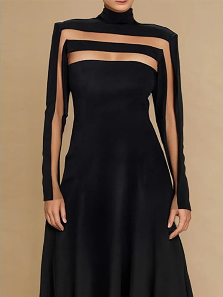 Elegant Black Mesh Long Sleeve High Neck Pleated Dress VestiVogue