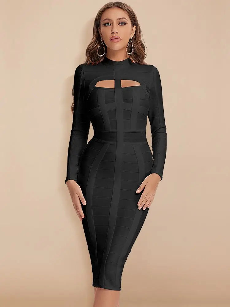 Hollow Out Long Sleeve Bodycon Dress VestiVogue black M