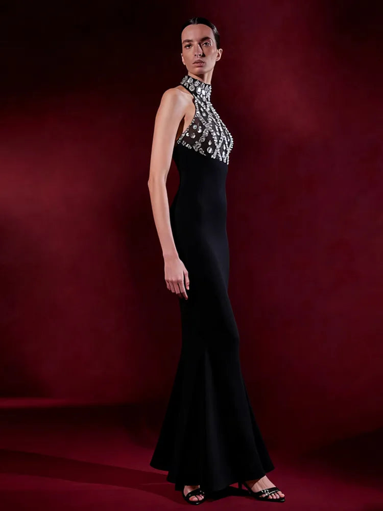 Elegant Black Halter Beaded Bodycon Maxi Dress VestiVogue