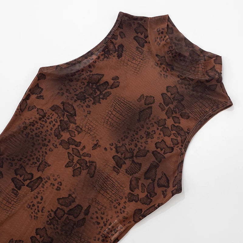 Leopard Print Mesh Skirt Set with Sleeveless Bodysuit VestiVogue