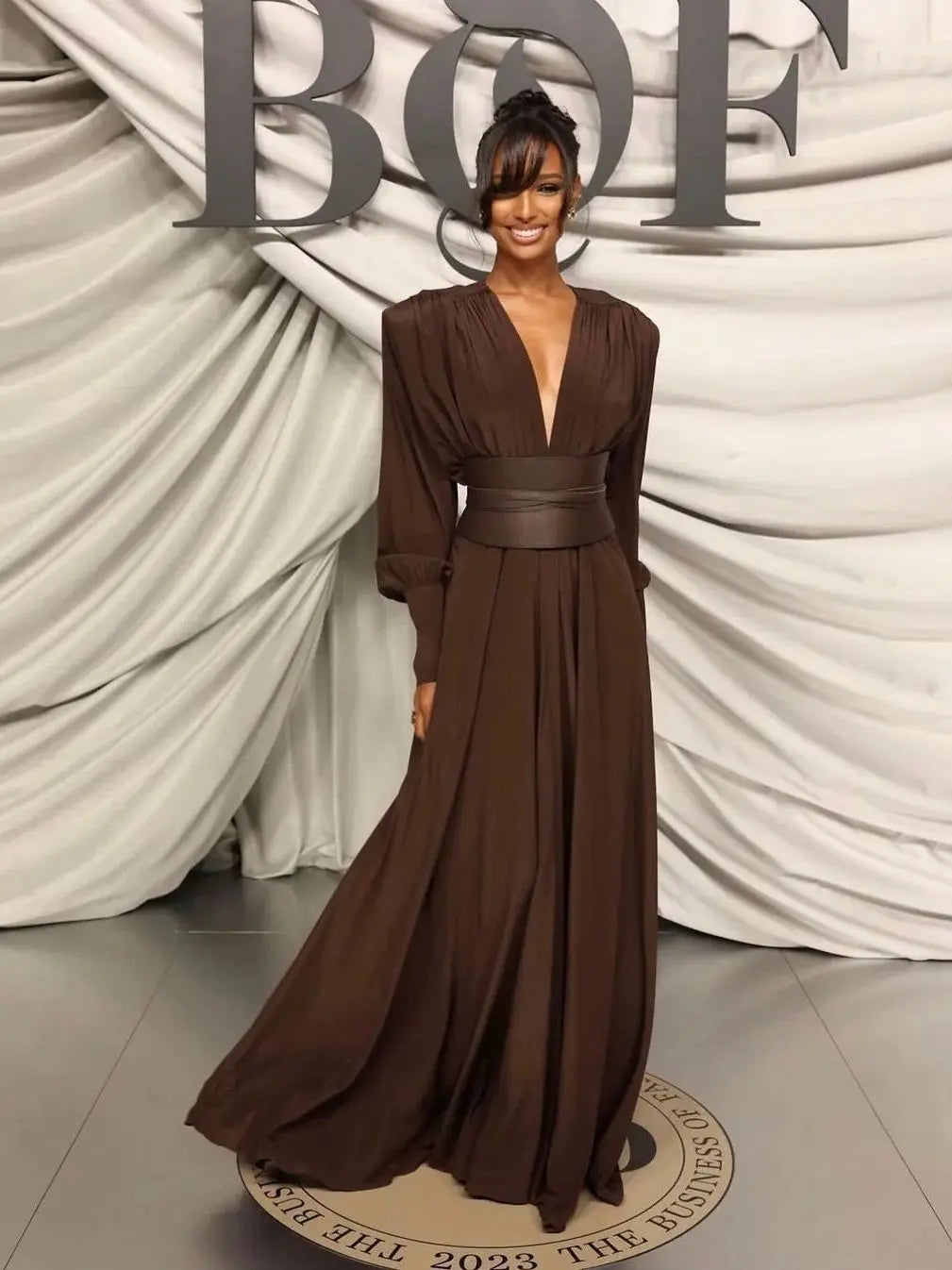 Elegant Brown Pleated Maxi Dress for Women VestiVogue  