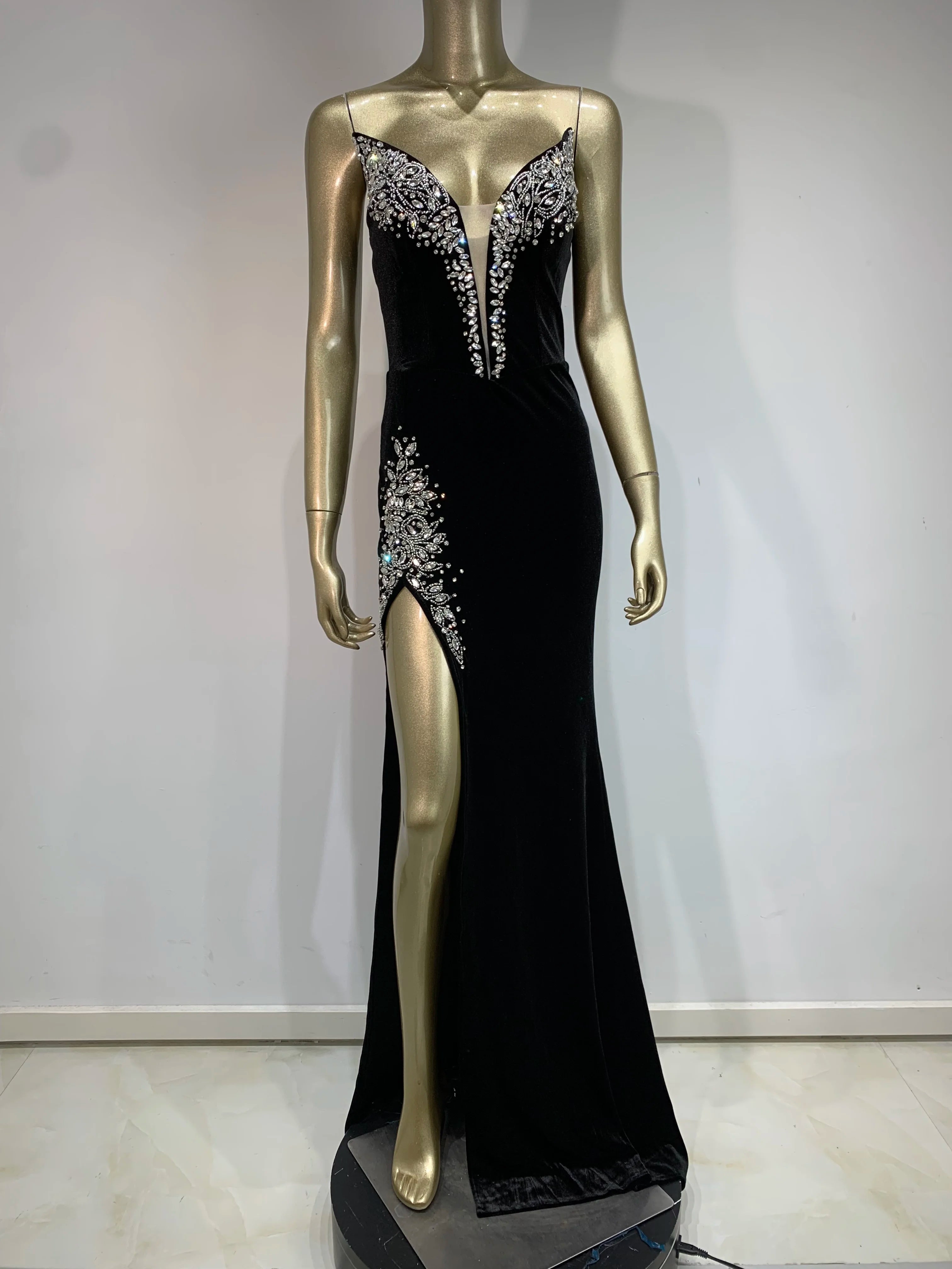 Elegant Black Velvet Strapless Diamond Evening Gown VestiVogue  