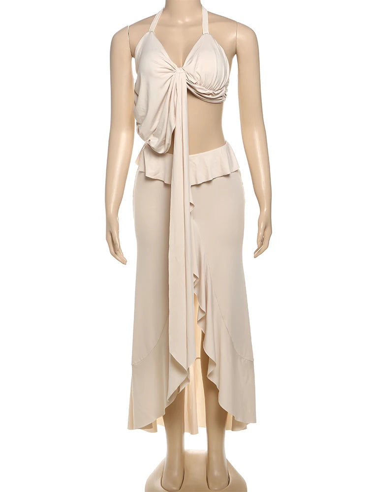 Asymmetrical Pleated Halter Tank & Ruffle Split Maxi Skirt Set VestiVogue