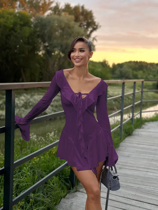 V-Neck Ruffled Bodycon Mini Dress for Women VestiVogue PURPLE S