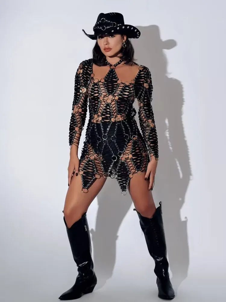 Hollow-Out Backless Black Mini Dress with Laced Detail VestiVogue