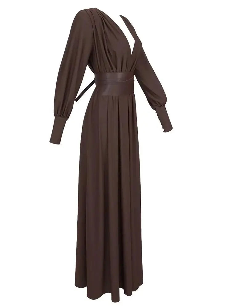 Elegant Brown Pleated Maxi Dress for Women VestiVogue  