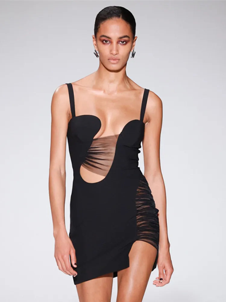 V Neck Backless Mesh Black Mini Dress VestiVogue  