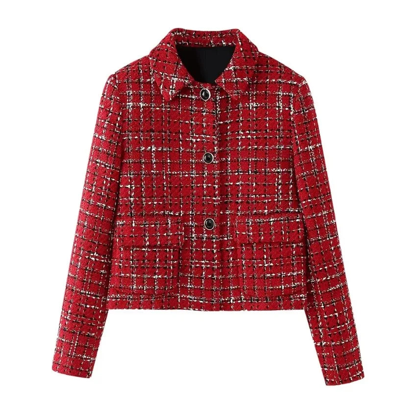 Elegant Tweed Jacket and Mini Skirt Set VestiVogue red top S