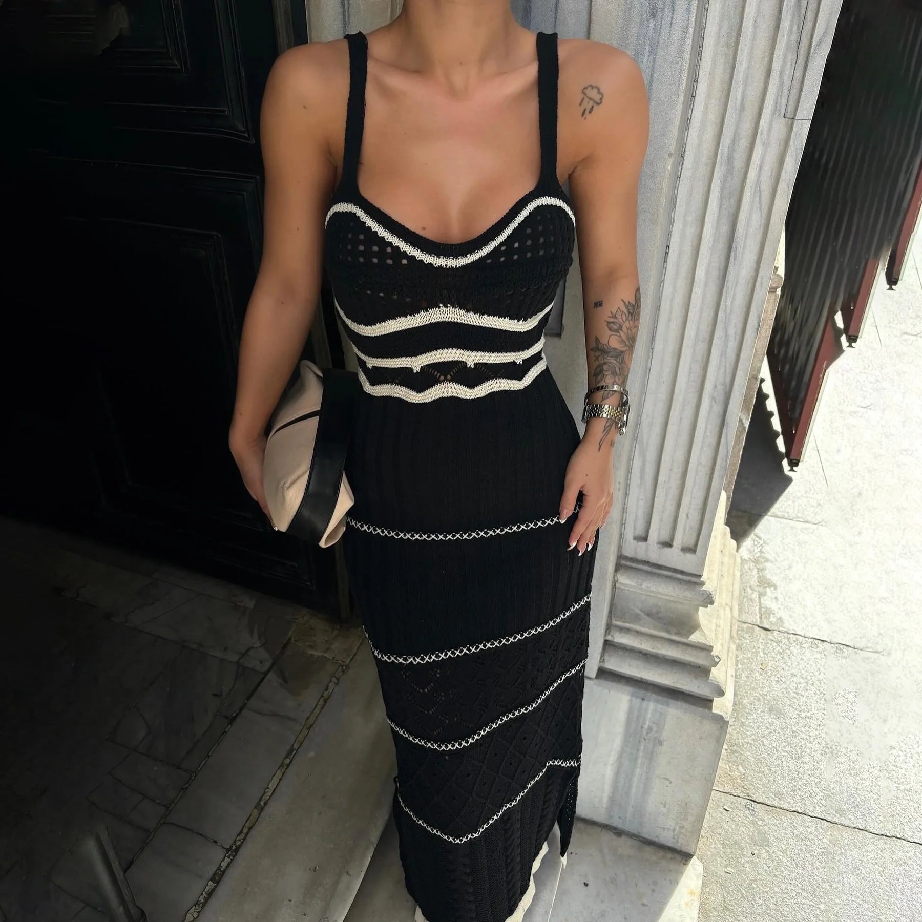 Chic Striped Knit Crochet V-Neck Midi Dress VestiVogue black S