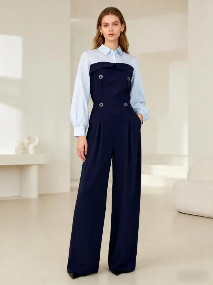 Lapel Collar High-Waist Wide Leg Jumpsuit with Trendy Patchwork VestiVogue