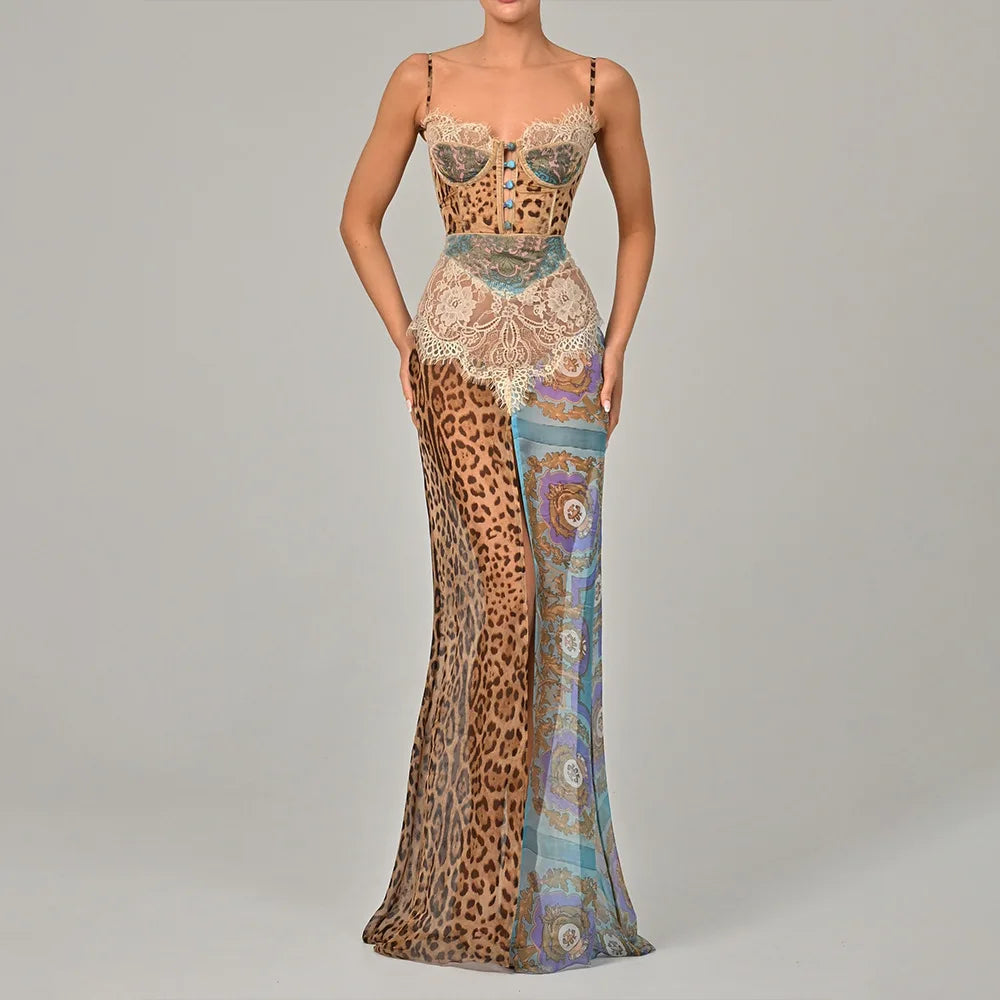 Leopard Print Sleeveless Maxi Dress with Side Slit VestiVogue