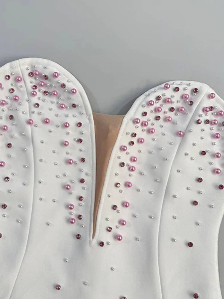 Strapless Backless White Beaded Floral Bodycon Mini Dress VestiVogue