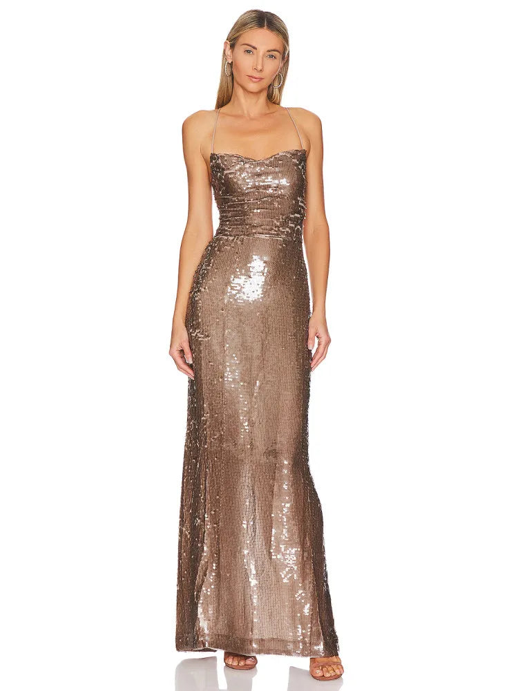 Backless Brown Sequin Maxi Dress VestiVogue Brown M