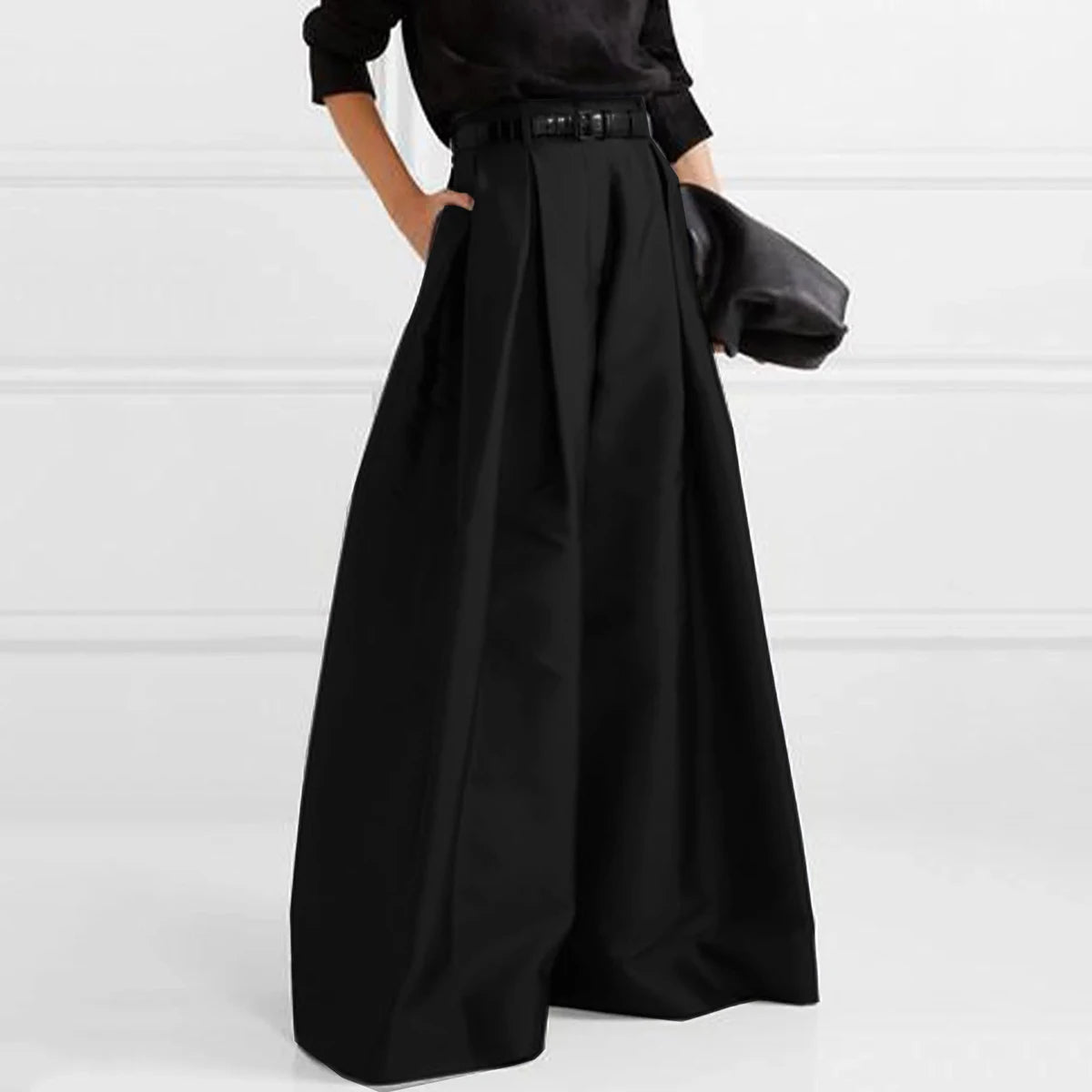 Chic High Waisted Pleated Wide Leg Pants in Solid Colour VestiVogue BLACK S