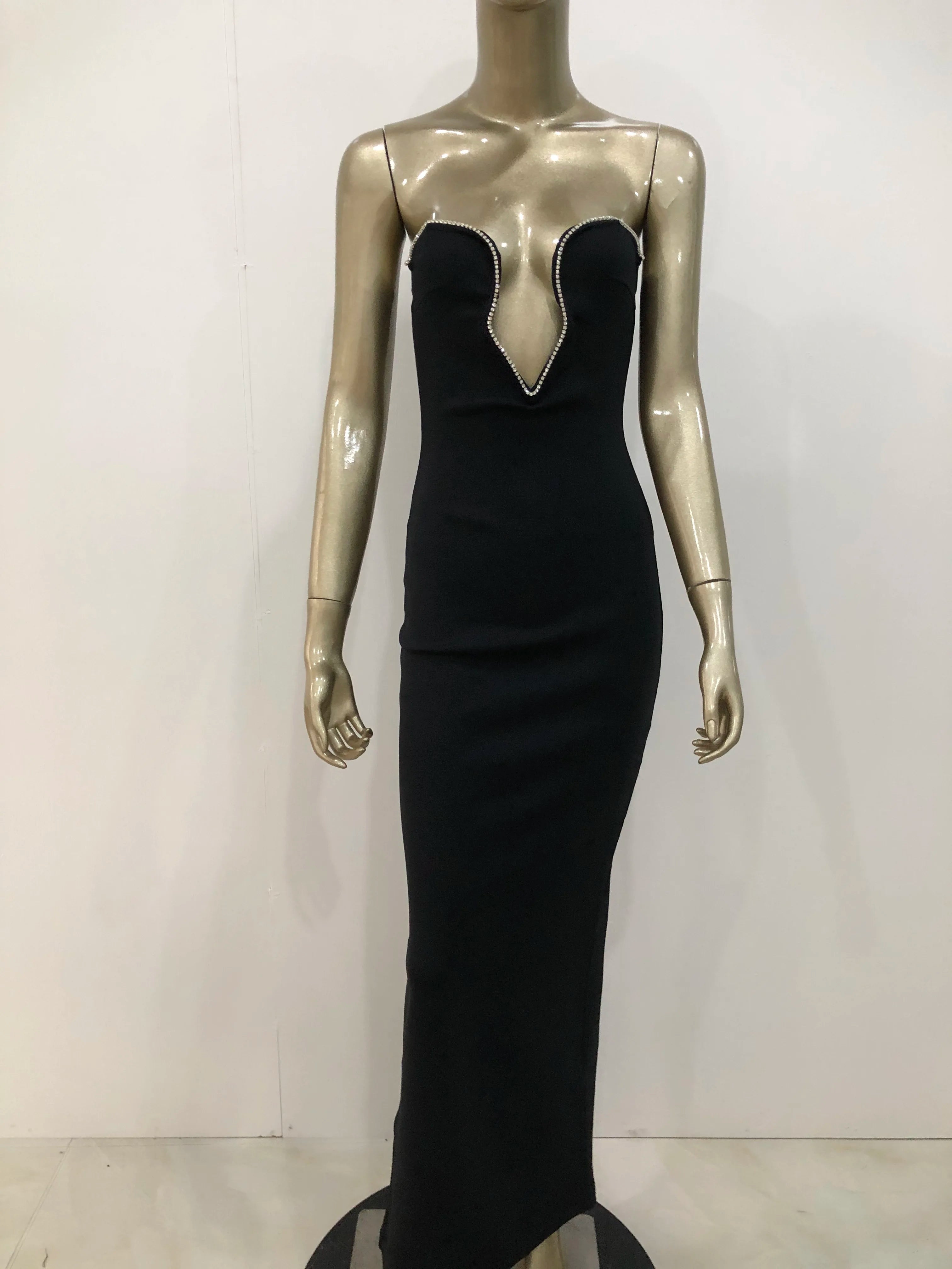 Black Strapless Crystal V Neck Bandage Maxi Dress VestiVogue  