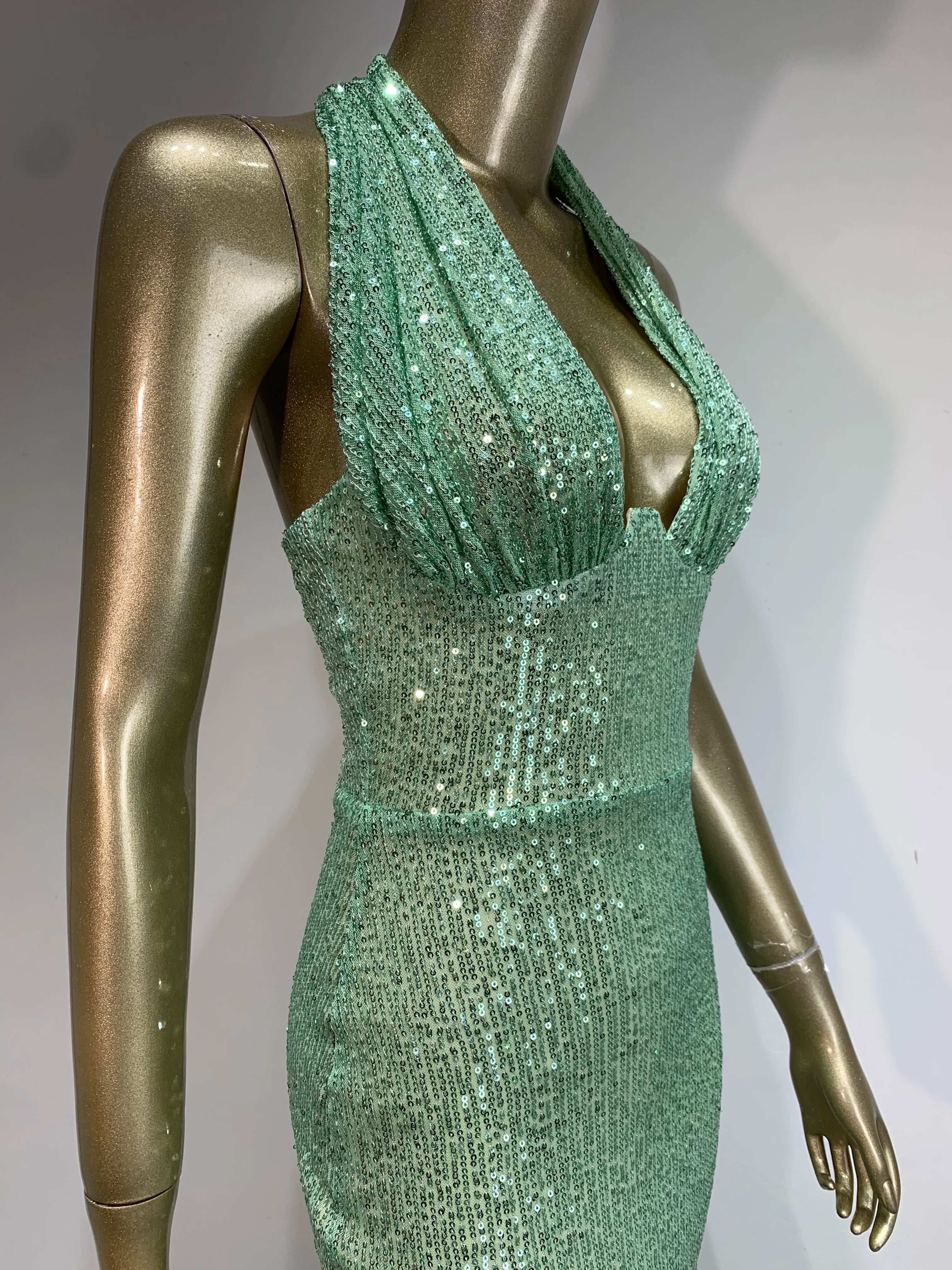 Elegant Mint Green Backless Halter Sequin Maxi Gown VestiVogue