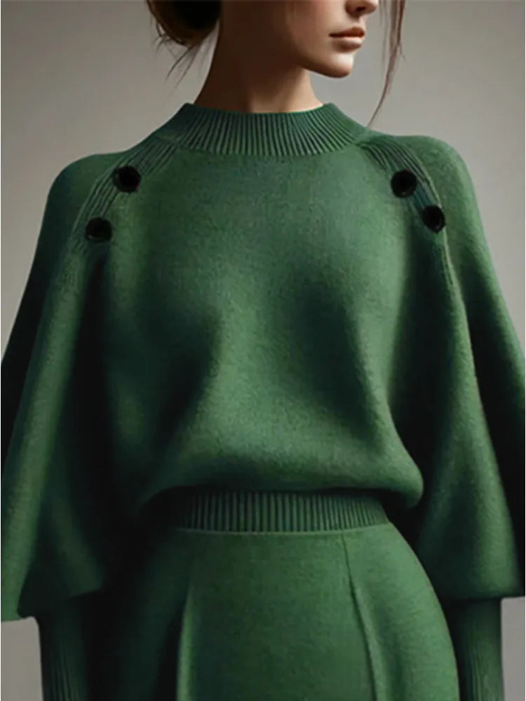Elegant Green Balloon Sleeve Pullover with Decorative Buttons VestiVogue