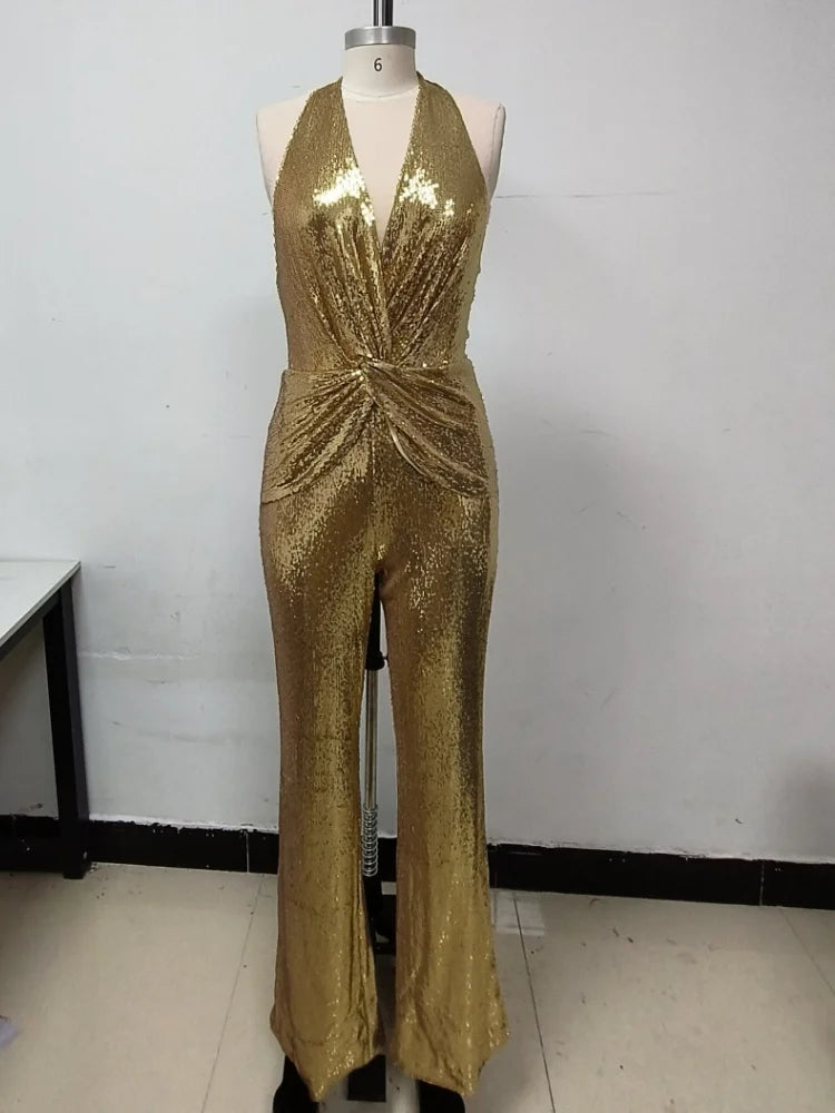 Gold Sequin Boot Cut Jumpsuit VestiVogue