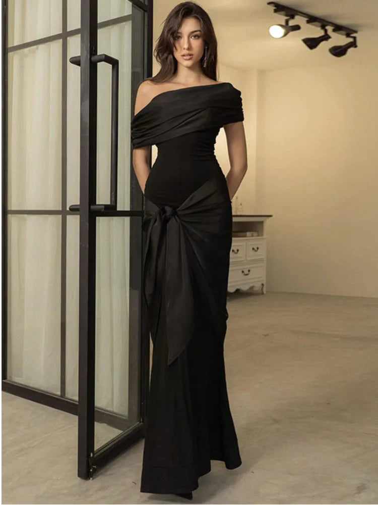 One Shoulder Mesh Patchwork Ribbon Dress - Elegant Slim Fit Black Evening Dress VestiVogue  