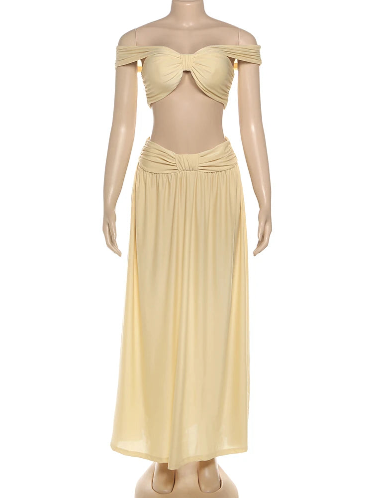 Elegant Off-Shoulder Backless Crop Top & A-Line Skirt Set VestiVogue