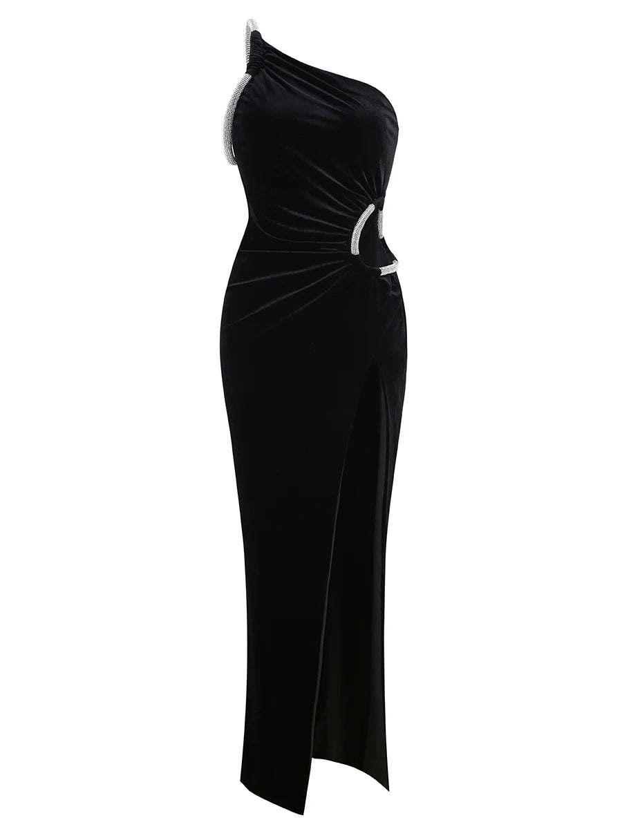 Black Velvet One Shoulder Bodycon Dress VestiVogue