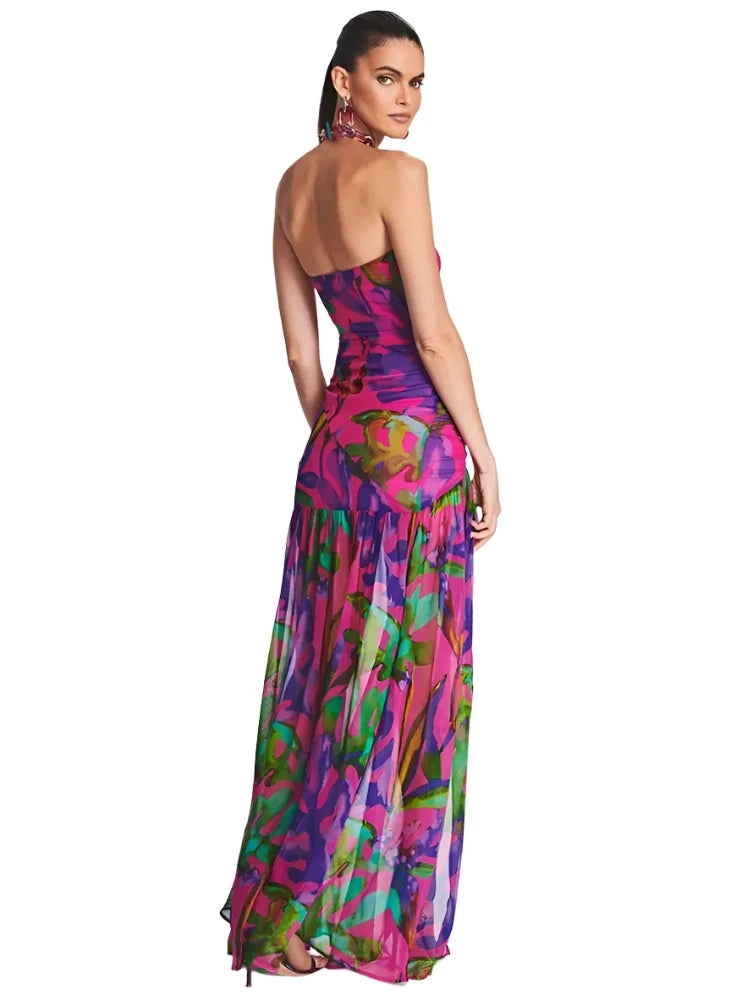 Strapless Print Purple Split Maxi Dress VestiVogue  