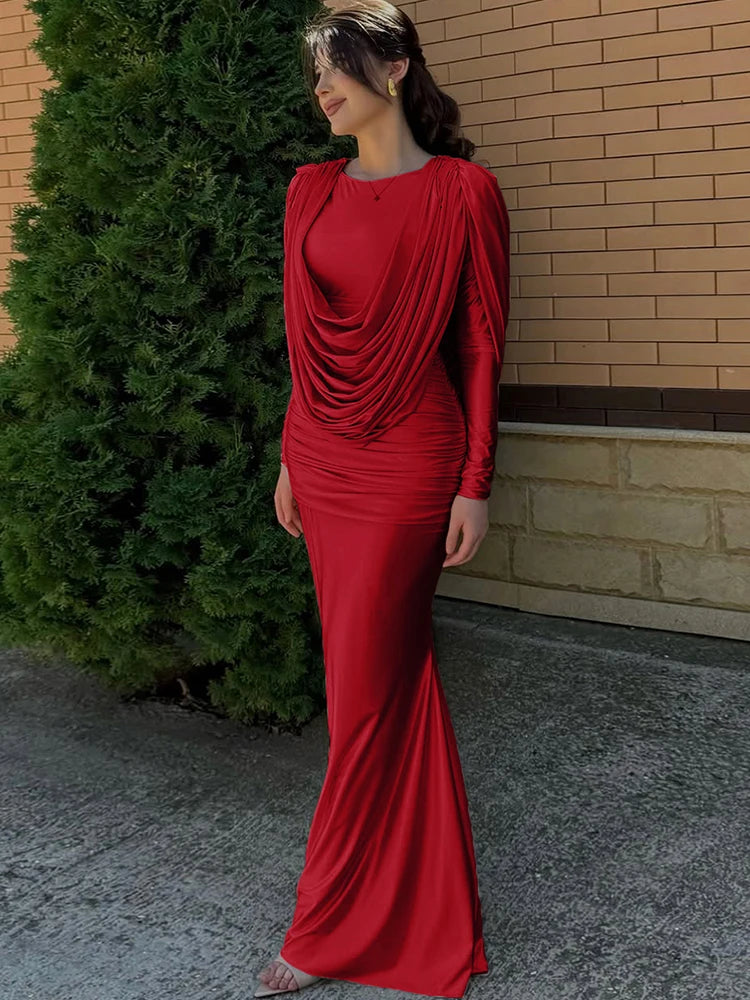 Ruched High-Waist Long Dress with Full Sleeves VestiVogue