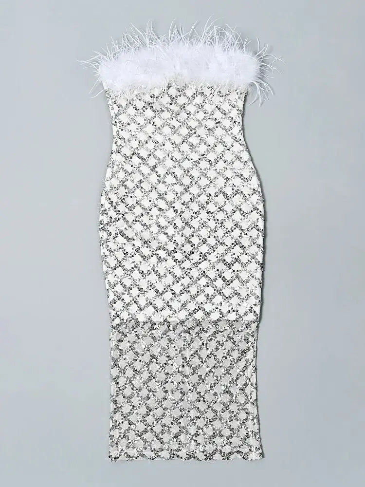 Luxury Feathers & Sequins Strapless Midi Dress VestiVogue