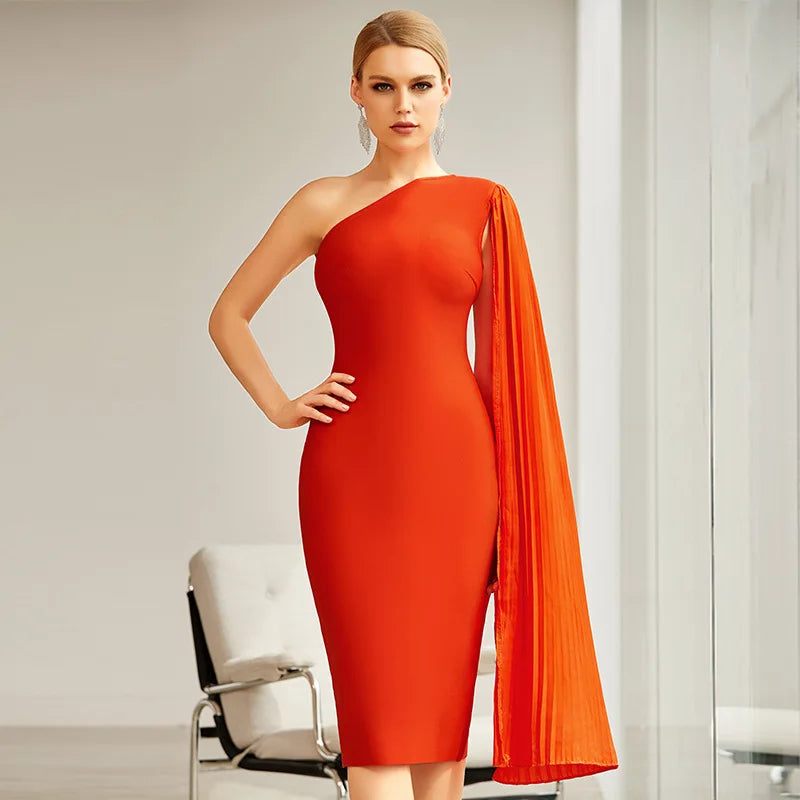 One-Shoulder Orange Bodycon Midi Dress VestiVogue