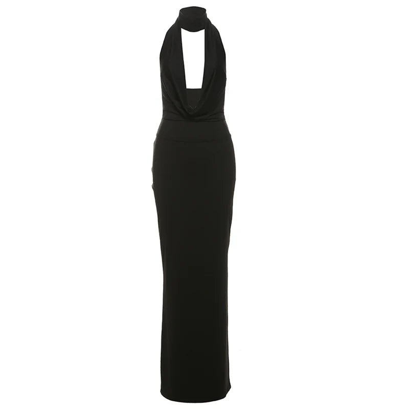 Midnight Elegance Backless Halter Dress VestiVogue black L