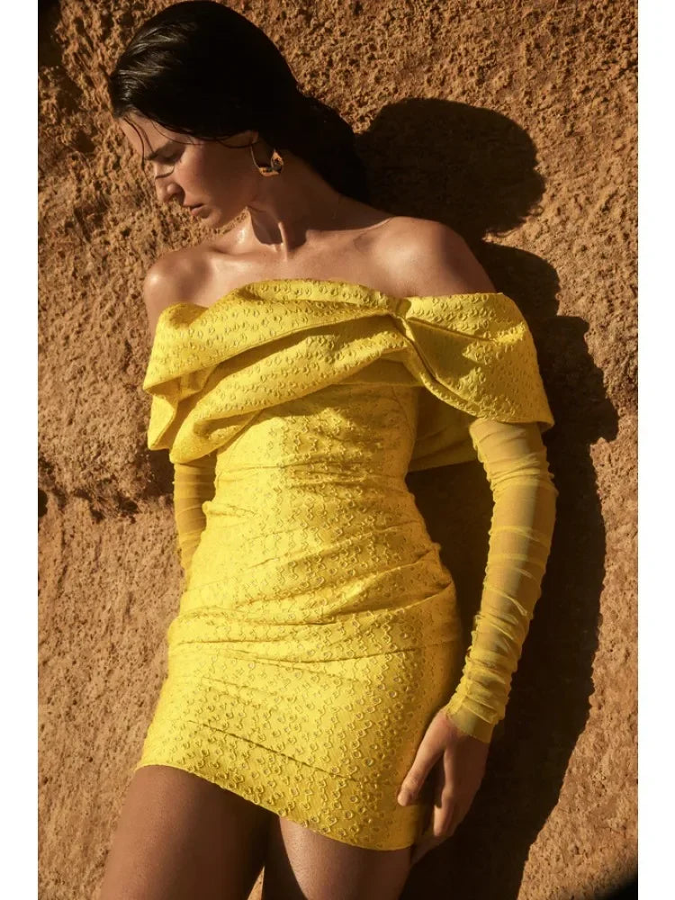 Elegant Yellow Strapless Mini Dress with Mesh Patchwork VestiVogue