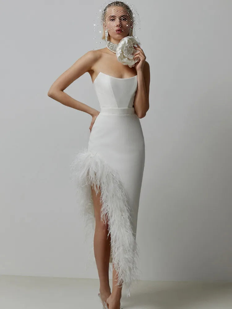 Strapless Feather Split Bodycon Dress VestiVogue WHITE L