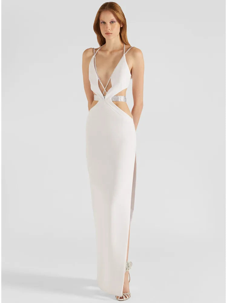 White Sexy V Neck Cut Out Crystal Maxi Dress VestiVogue