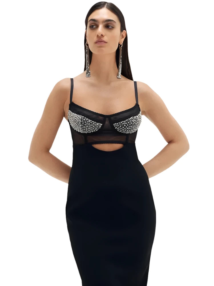 Sleveless Cutout Black Beading Midi Bandage Dress VestiVogue  