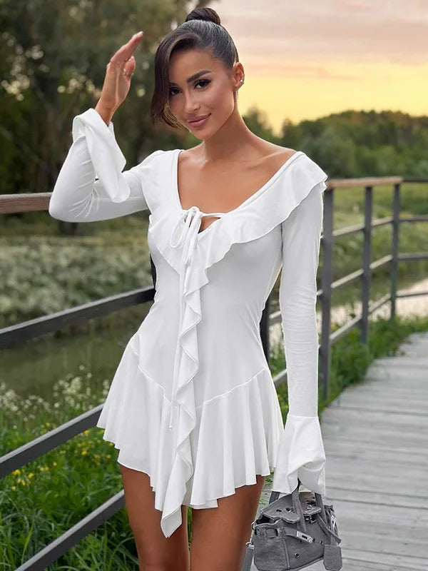 V-Neck Ruffled Bodycon Mini Dress for Women VestiVogue WHITE L