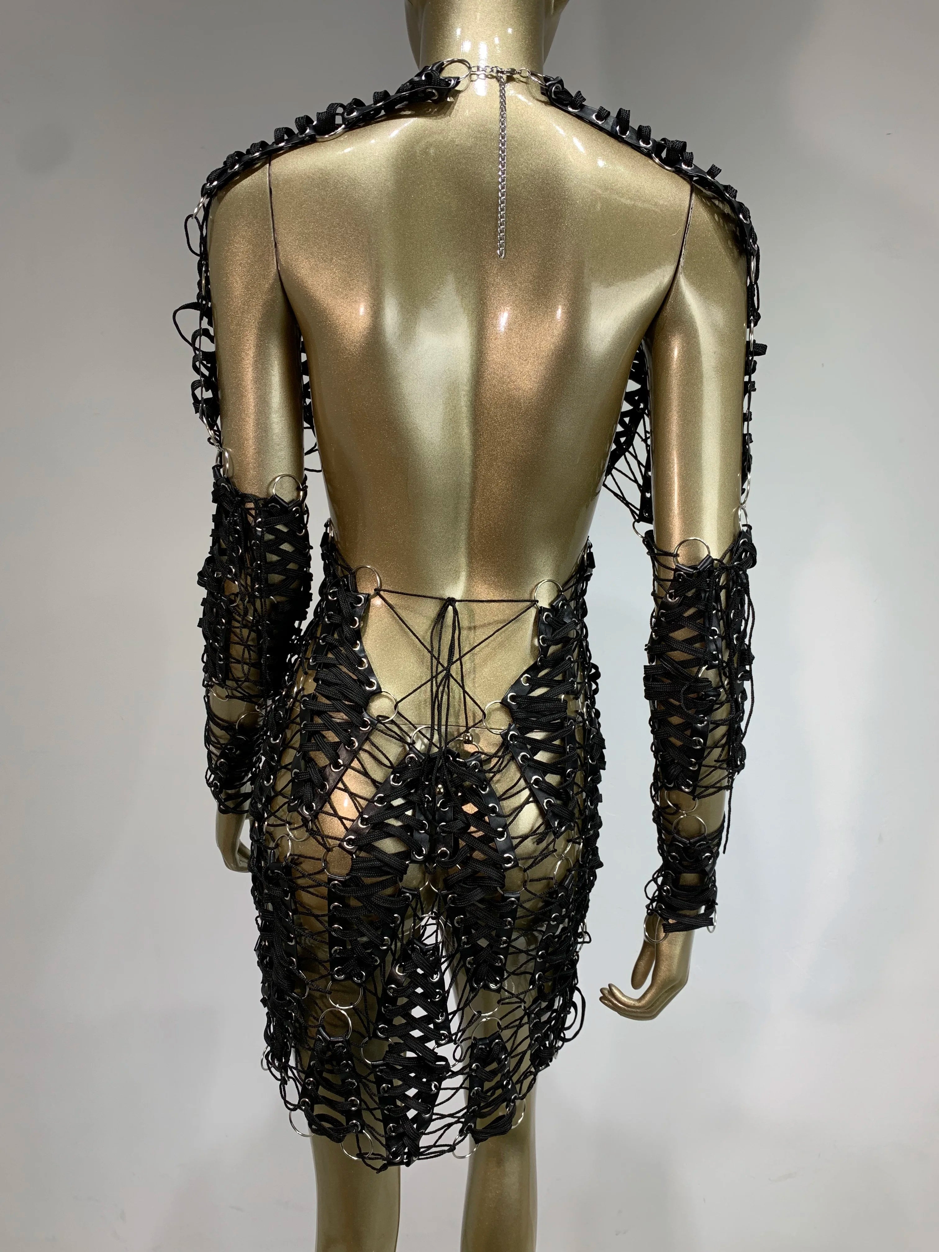 Hollow-Out Backless Black Mini Dress with Laced Detail VestiVogue