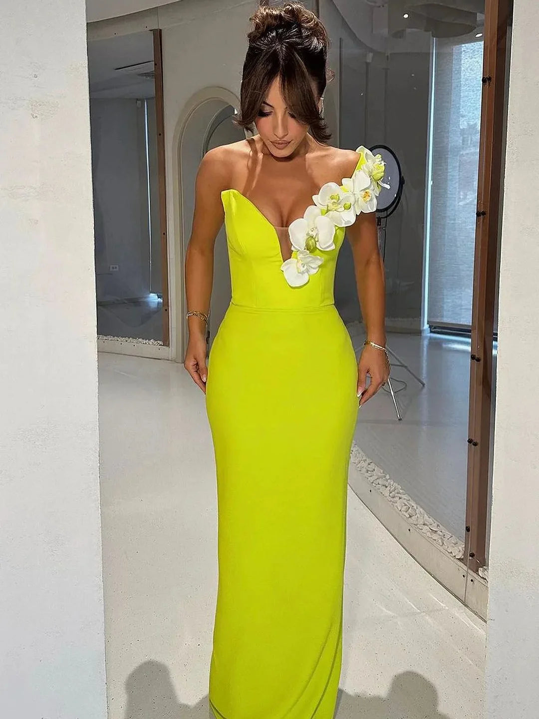 Neon Green Strapless Bodycon Dress with Appliques VestiVogue Fluorescent Green L