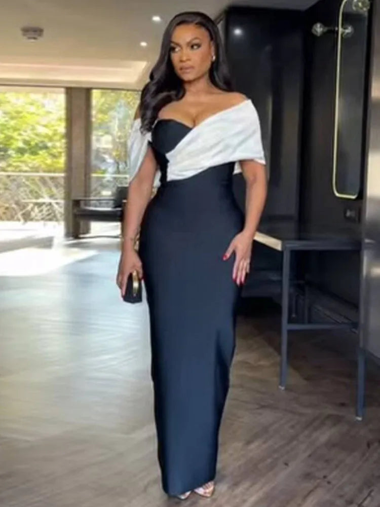 Off-Shoulder Black and White Bodycon Maxi Dress VestiVogue