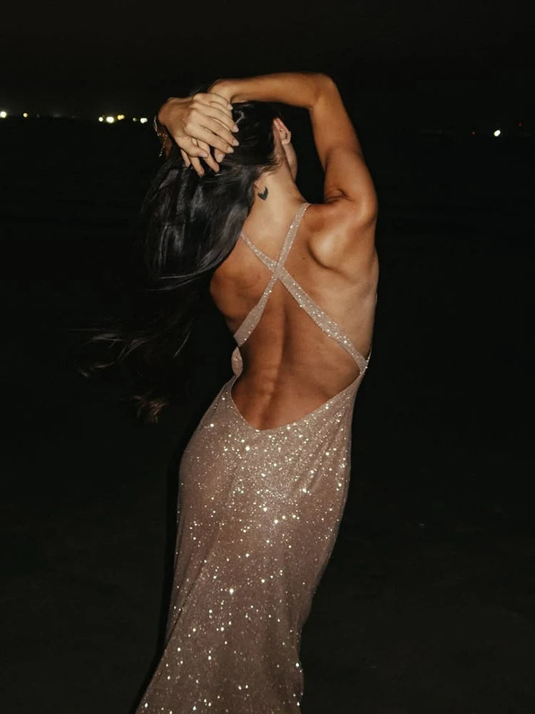 Backless Shiny Sequins V-Neck Ankle-Length Dress