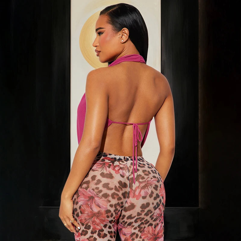 Backless Drawstring Top & Leopard Print Pants Set VestiVogue