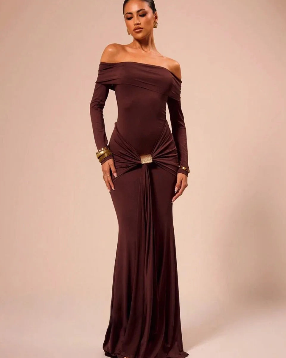 Elegant Ruched Midi Party Dress with Slash Neck and Full Sleeves VestiVogue Wine Red LYQ672 L