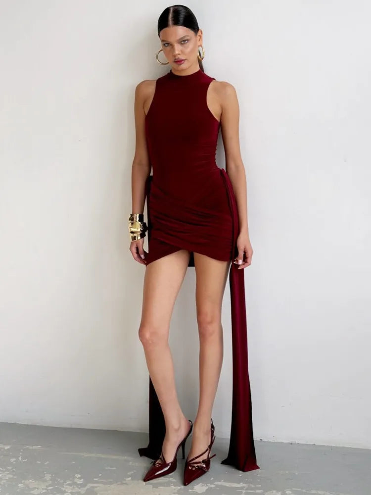 Sleeveless High Neck Lace Up Mini Dress VestiVogue S Burgundy